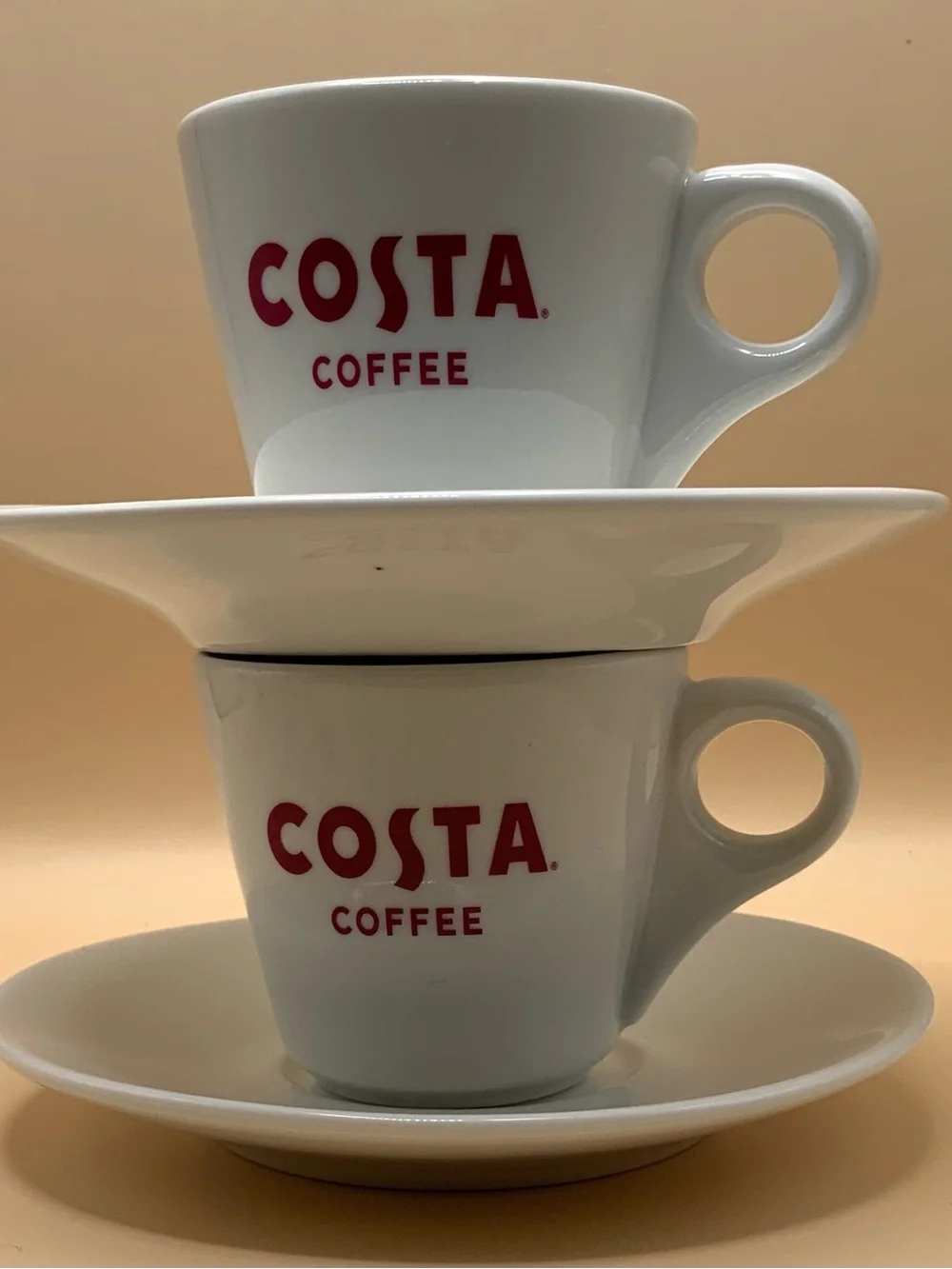 Costa Coffee Espresso Cups and Saucers Set of 2 White Ceramic Red Logo 2oz